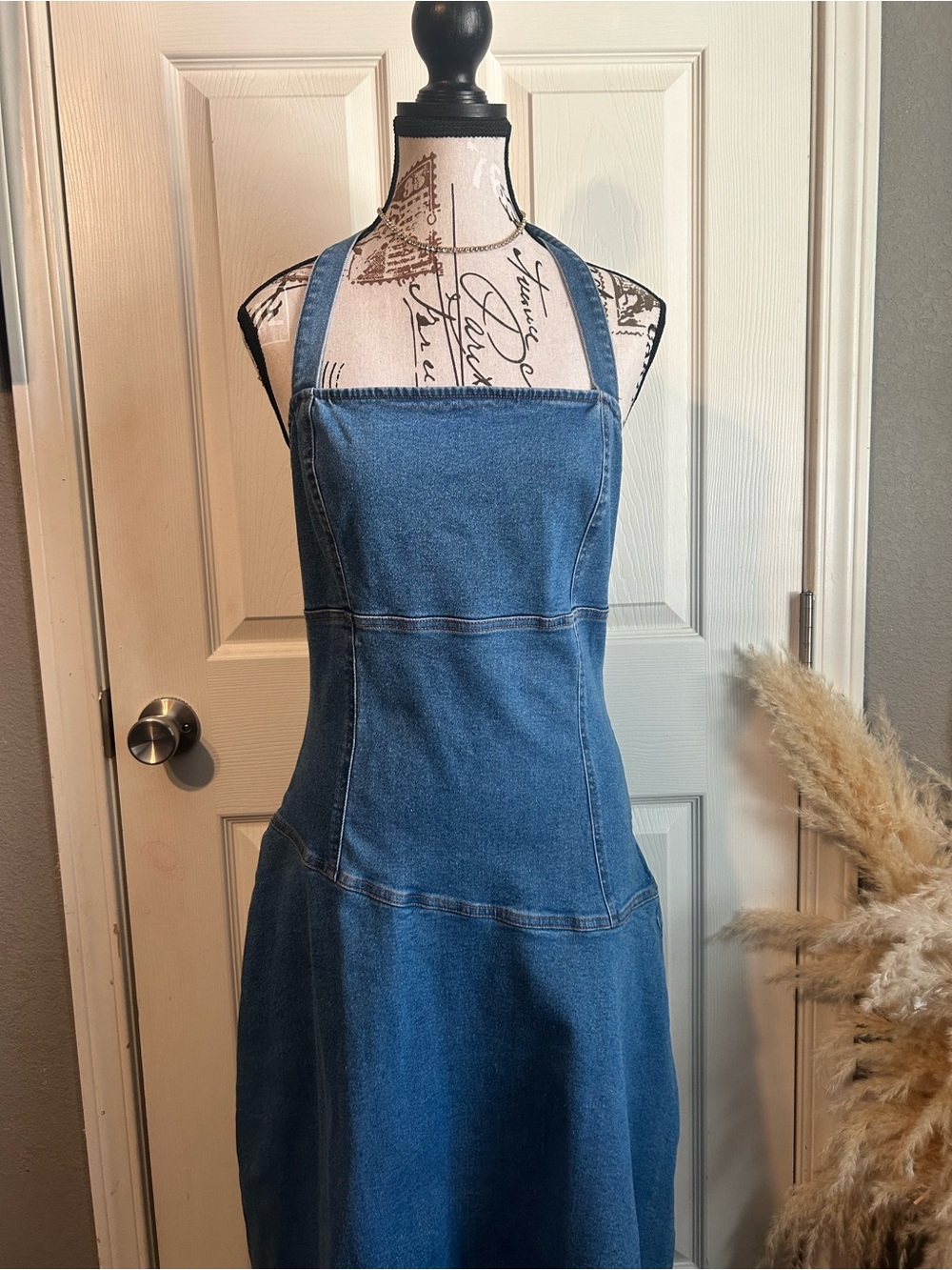Denim Halter Midi Dress in a medium wash blue